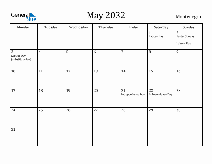 May 2032 Calendar Montenegro