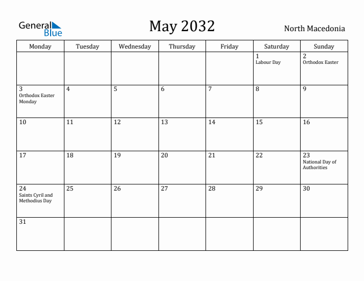 May 2032 Calendar North Macedonia