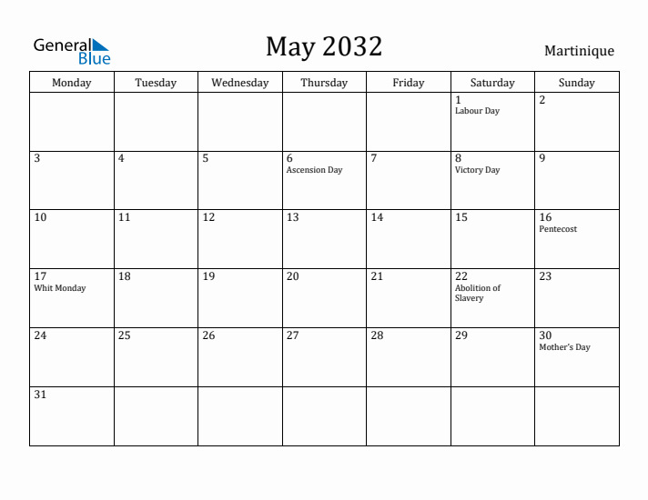 May 2032 Calendar Martinique