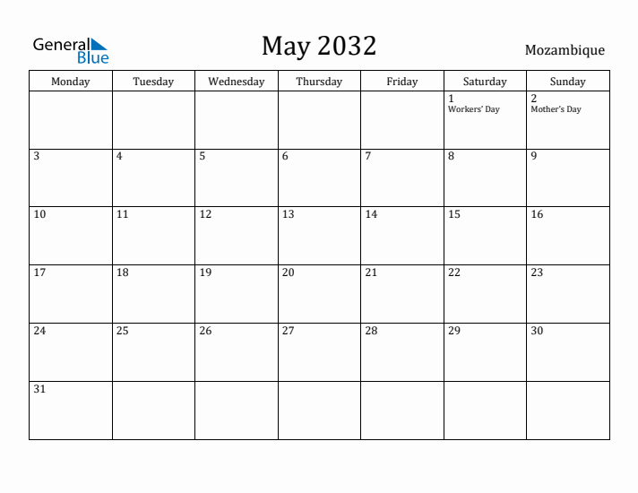 May 2032 Calendar Mozambique