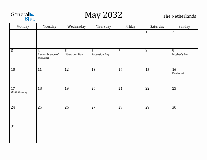 May 2032 Calendar The Netherlands