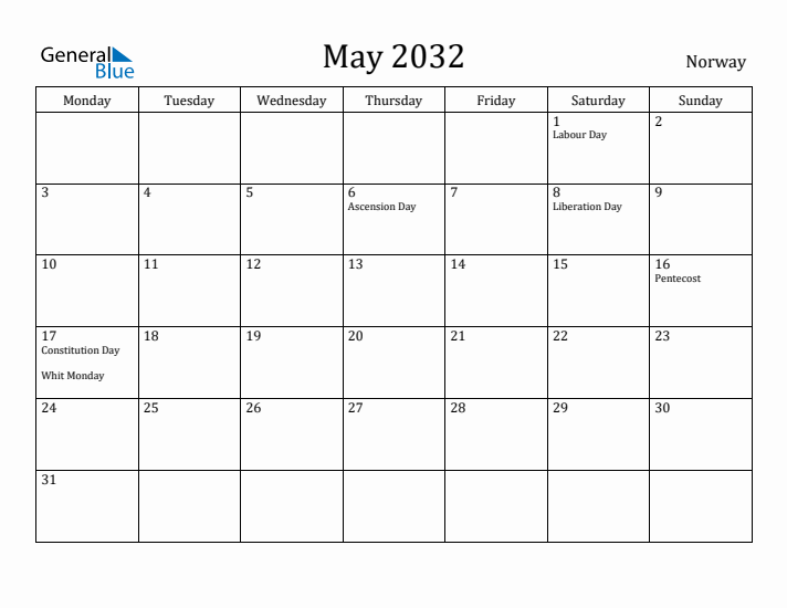 May 2032 Calendar Norway
