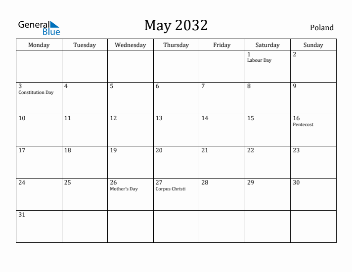 May 2032 Calendar Poland