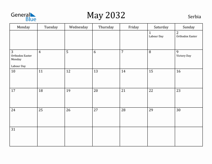 May 2032 Calendar Serbia