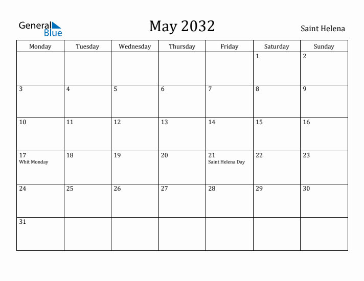 May 2032 Calendar Saint Helena