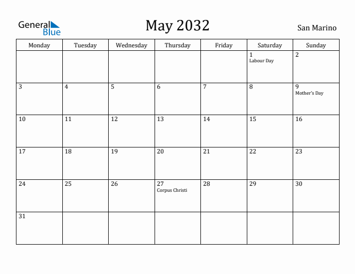 May 2032 Calendar San Marino