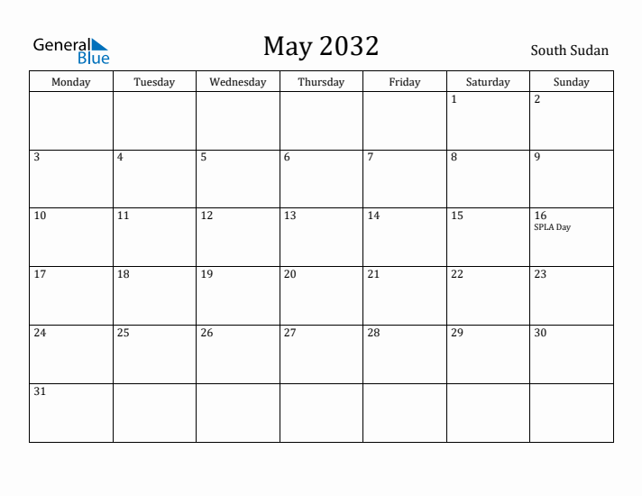 May 2032 Calendar South Sudan