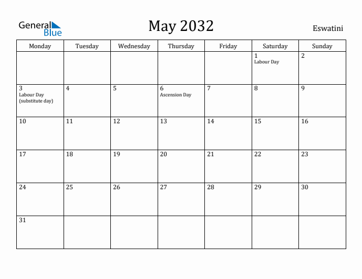 May 2032 Calendar Eswatini