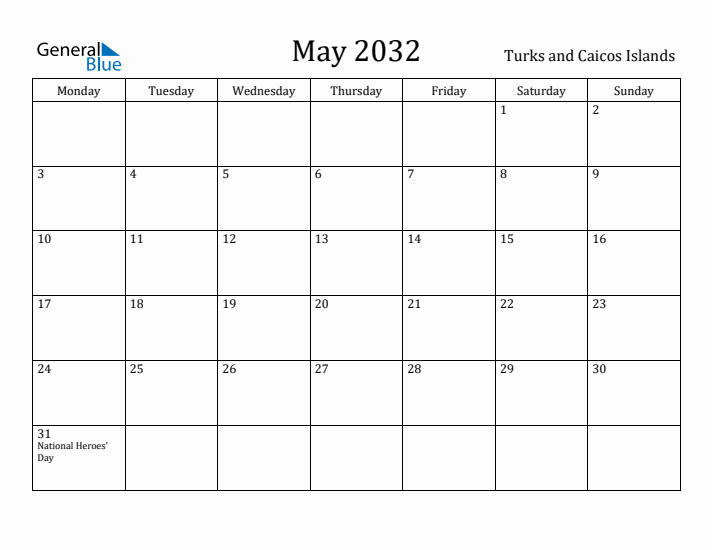 May 2032 Calendar Turks and Caicos Islands