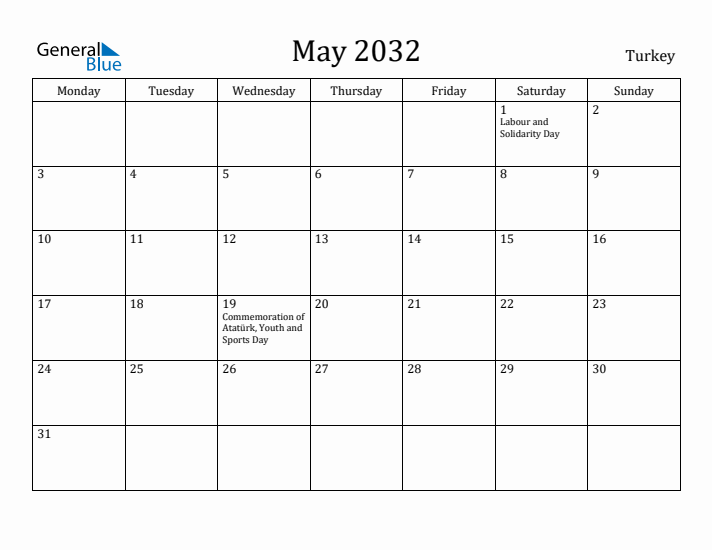 May 2032 Calendar Turkey