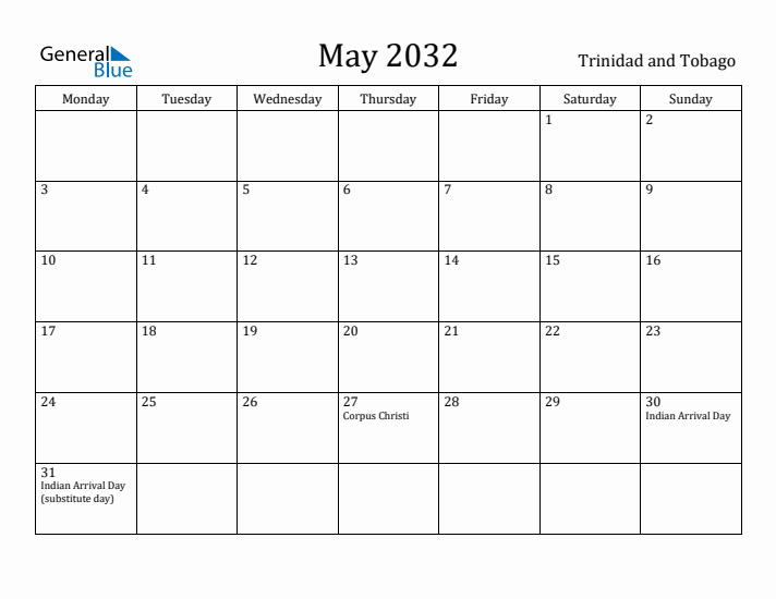 May 2032 Calendar Trinidad and Tobago