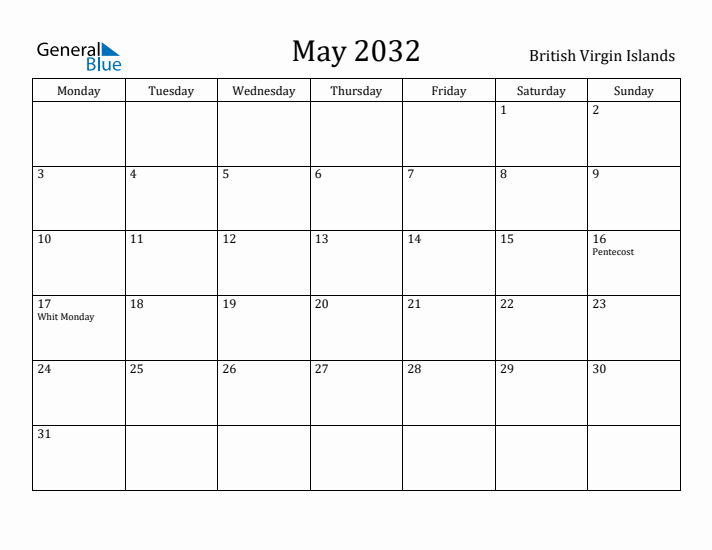 May 2032 Calendar British Virgin Islands