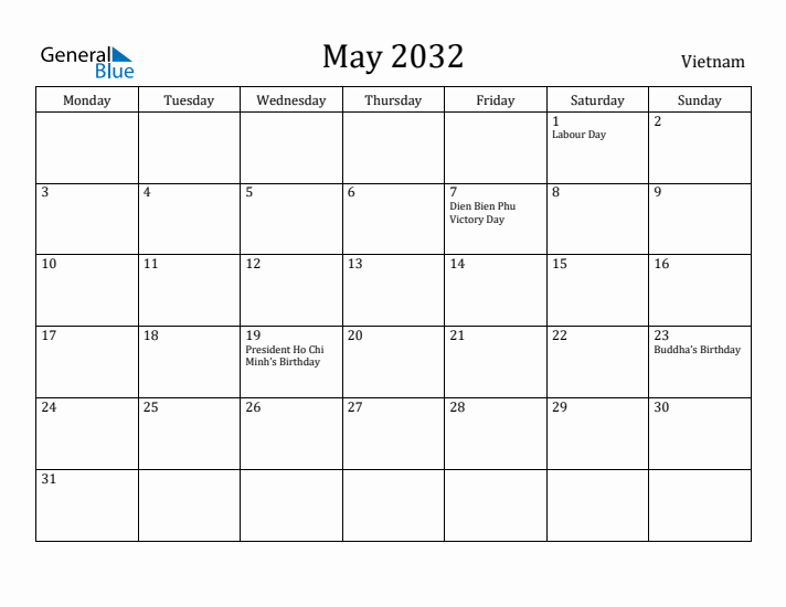 May 2032 Calendar Vietnam