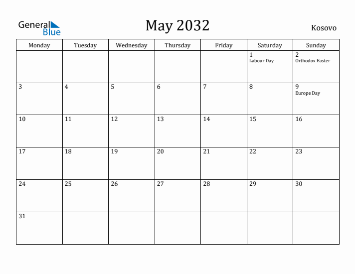 May 2032 Calendar Kosovo