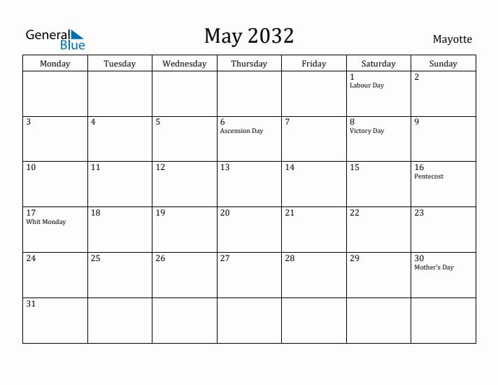 May 2032 Calendar Mayotte