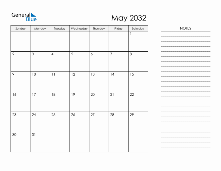 Printable Monthly Calendar with Notes - May 2032