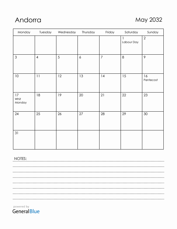 May 2032 Andorra Calendar with Holidays (Monday Start)