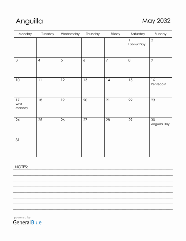 May 2032 Anguilla Calendar with Holidays (Monday Start)