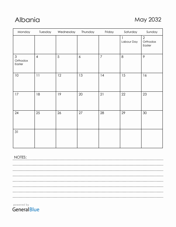 May 2032 Albania Calendar with Holidays (Monday Start)