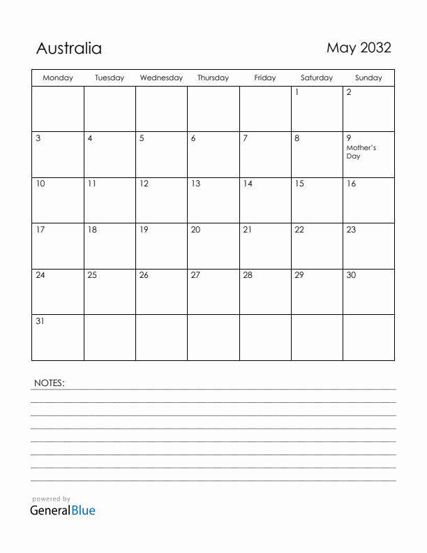 May 2032 Australia Calendar with Holidays (Monday Start)