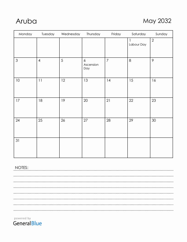 May 2032 Aruba Calendar with Holidays (Monday Start)