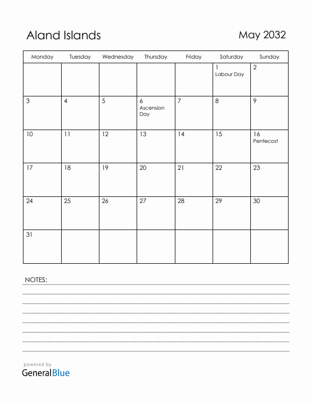 May 2032 Aland Islands Calendar with Holidays (Monday Start)