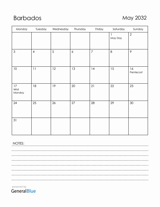 May 2032 Barbados Calendar with Holidays (Monday Start)