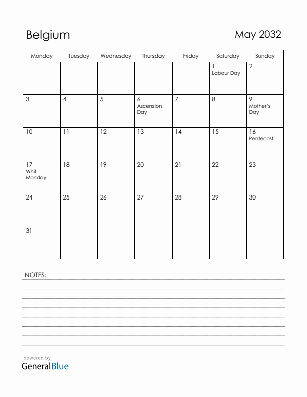 May 2032 Belgium Calendar with Holidays (Monday Start)
