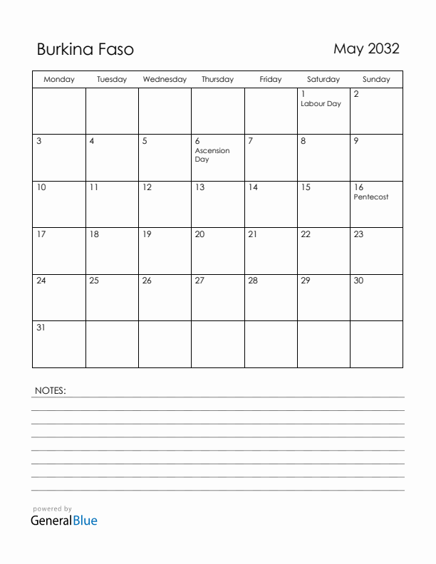 May 2032 Burkina Faso Calendar with Holidays (Monday Start)