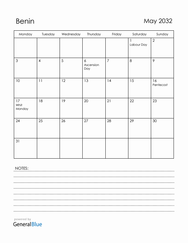 May 2032 Benin Calendar with Holidays (Monday Start)