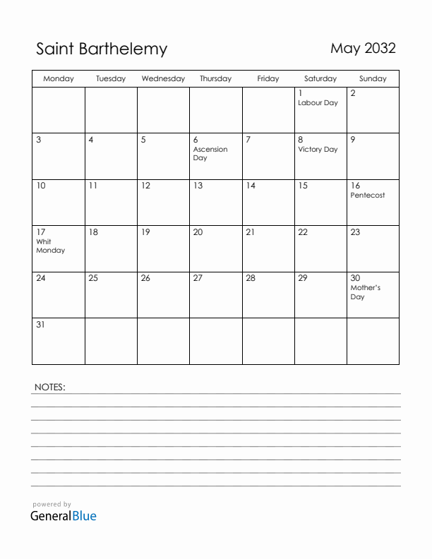 May 2032 Saint Barthelemy Calendar with Holidays (Monday Start)