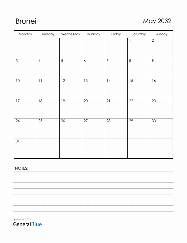 May 2032 Brunei Calendar with Holidays (Monday Start)