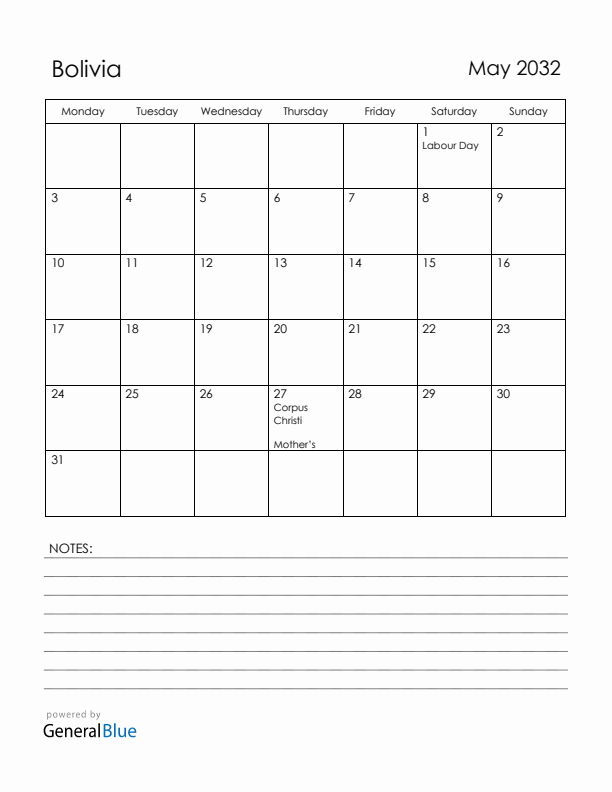 May 2032 Bolivia Calendar with Holidays (Monday Start)