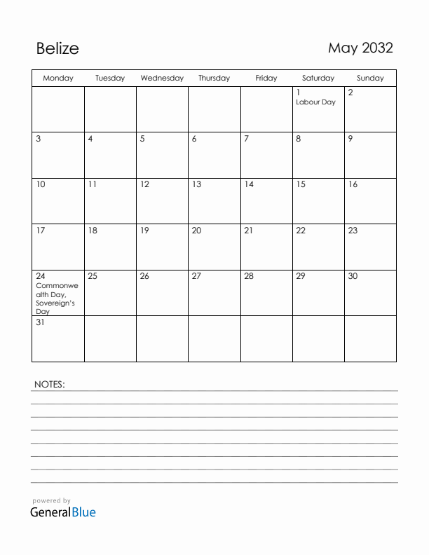 May 2032 Belize Calendar with Holidays (Monday Start)