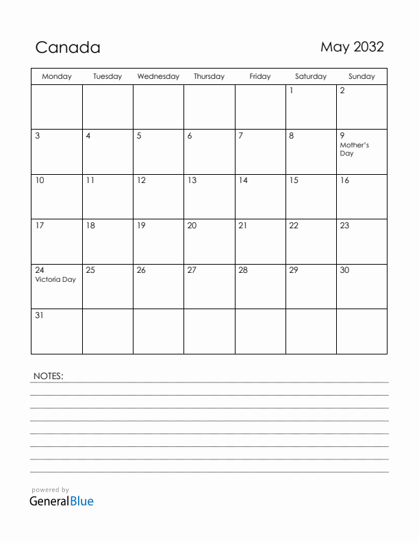 May 2032 Canada Calendar with Holidays (Monday Start)