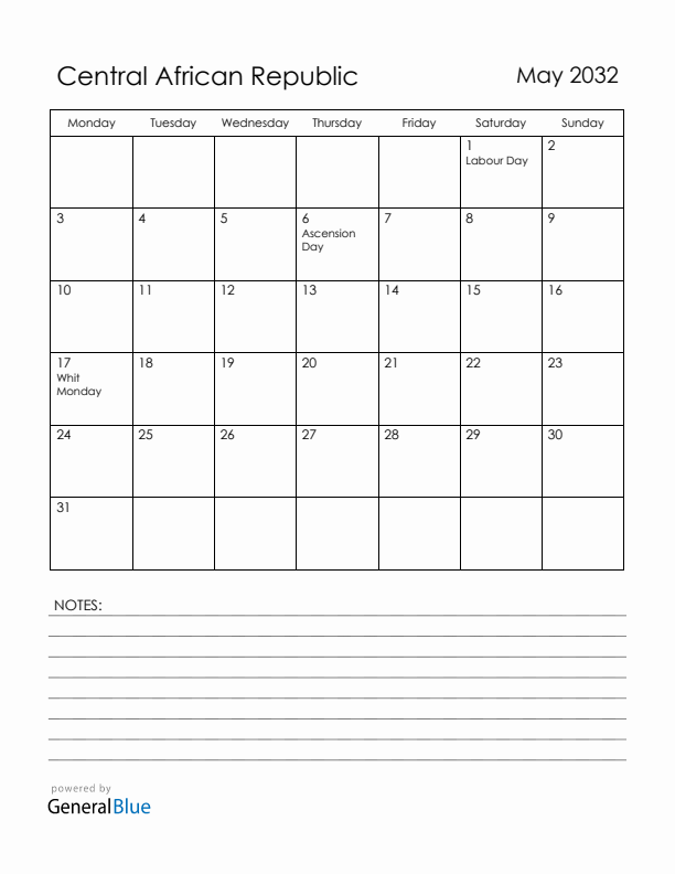 May 2032 Central African Republic Calendar with Holidays (Monday Start)