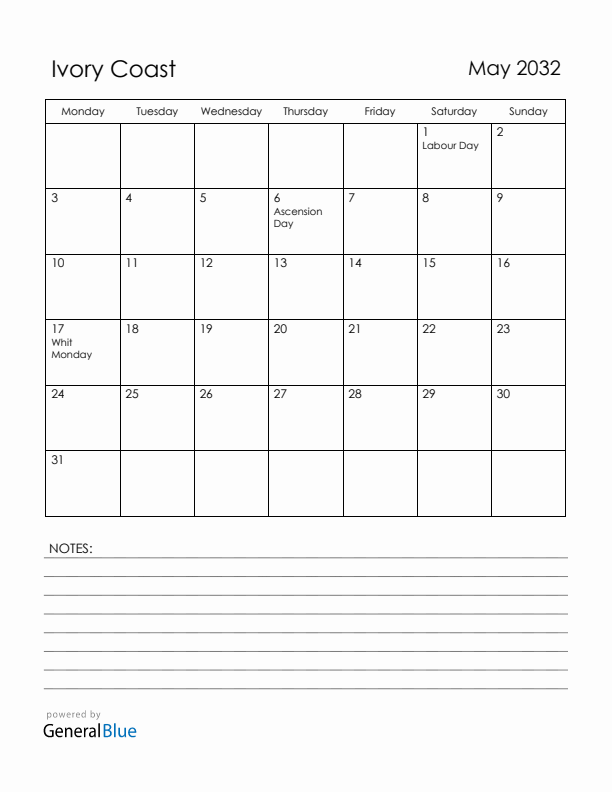 May 2032 Ivory Coast Calendar with Holidays (Monday Start)