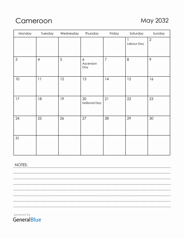May 2032 Cameroon Calendar with Holidays (Monday Start)