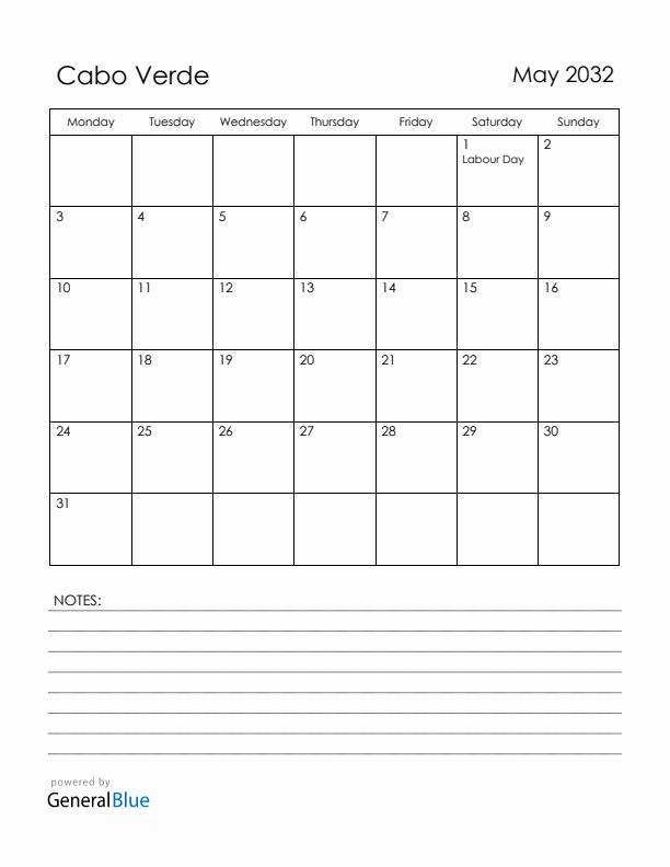 May 2032 Cabo Verde Calendar with Holidays (Monday Start)