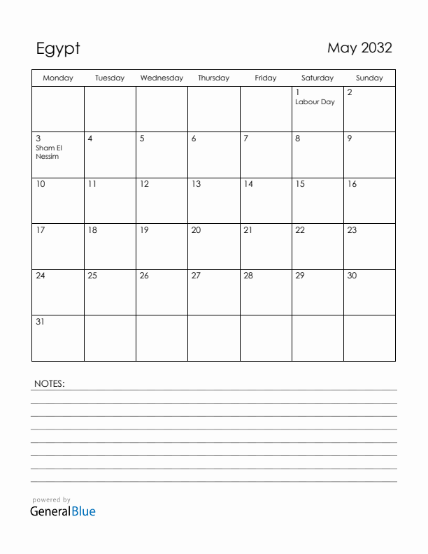 May 2032 Egypt Calendar with Holidays (Monday Start)