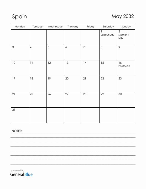 May 2032 Spain Calendar with Holidays (Monday Start)