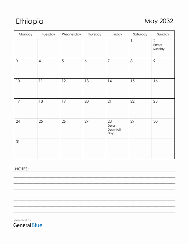 May 2032 Ethiopia Calendar with Holidays (Monday Start)