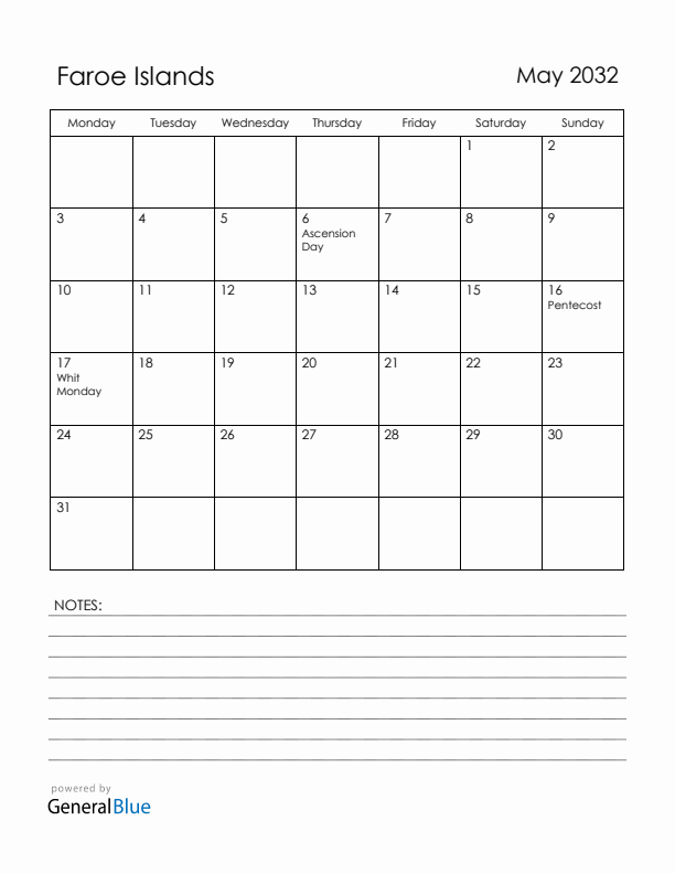 May 2032 Faroe Islands Calendar with Holidays (Monday Start)