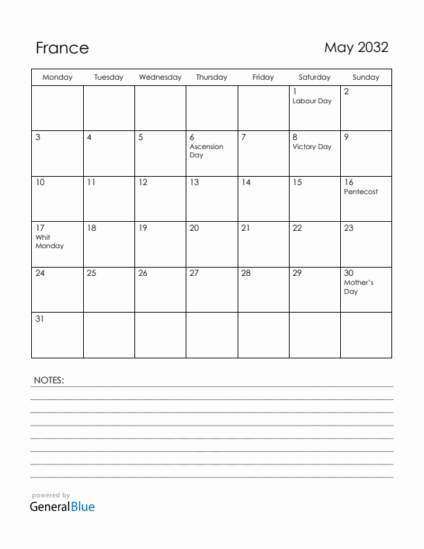 May 2032 France Calendar with Holidays (Monday Start)