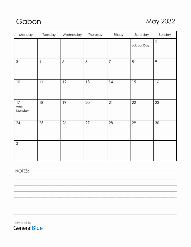 May 2032 Gabon Calendar with Holidays (Monday Start)