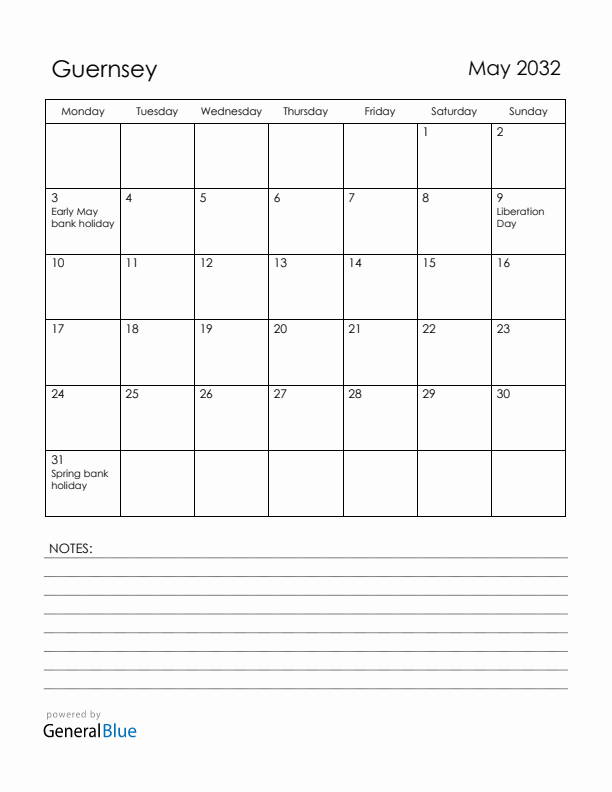 May 2032 Guernsey Calendar with Holidays (Monday Start)