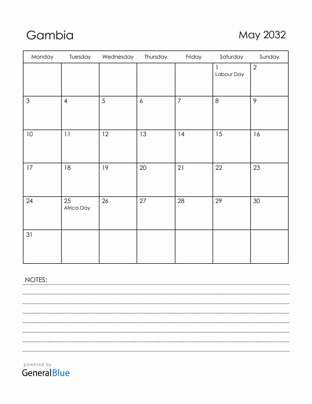 May 2032 Gambia Calendar with Holidays (Monday Start)