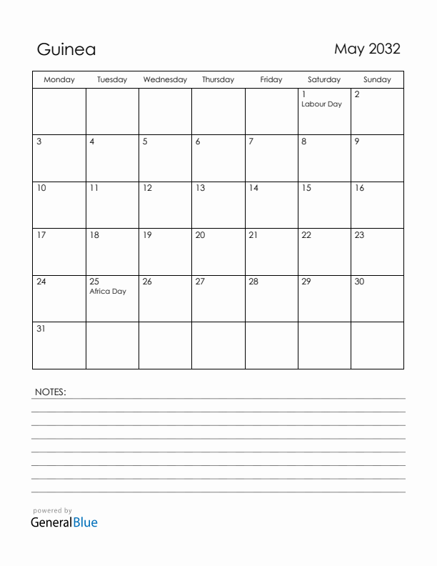 May 2032 Guinea Calendar with Holidays (Monday Start)