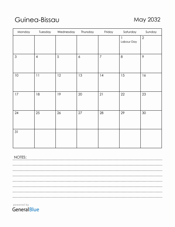 May 2032 Guinea-Bissau Calendar with Holidays (Monday Start)