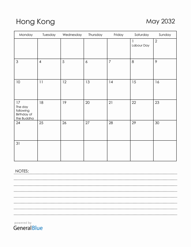 May 2032 Hong Kong Calendar with Holidays (Monday Start)